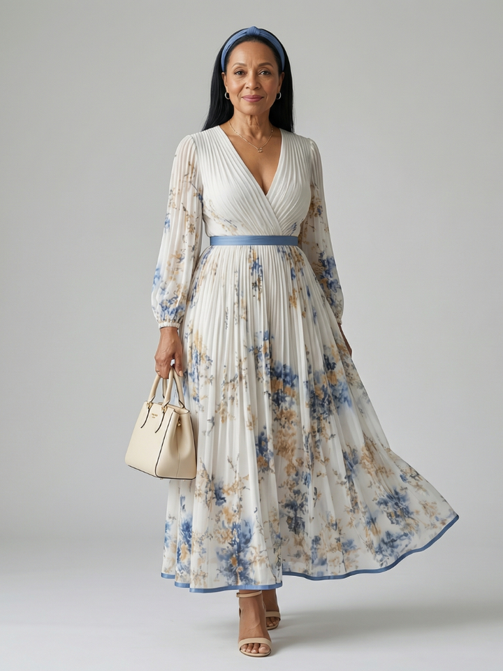 Mirella | Long Sleeve Pleated Wrap Midi Dress