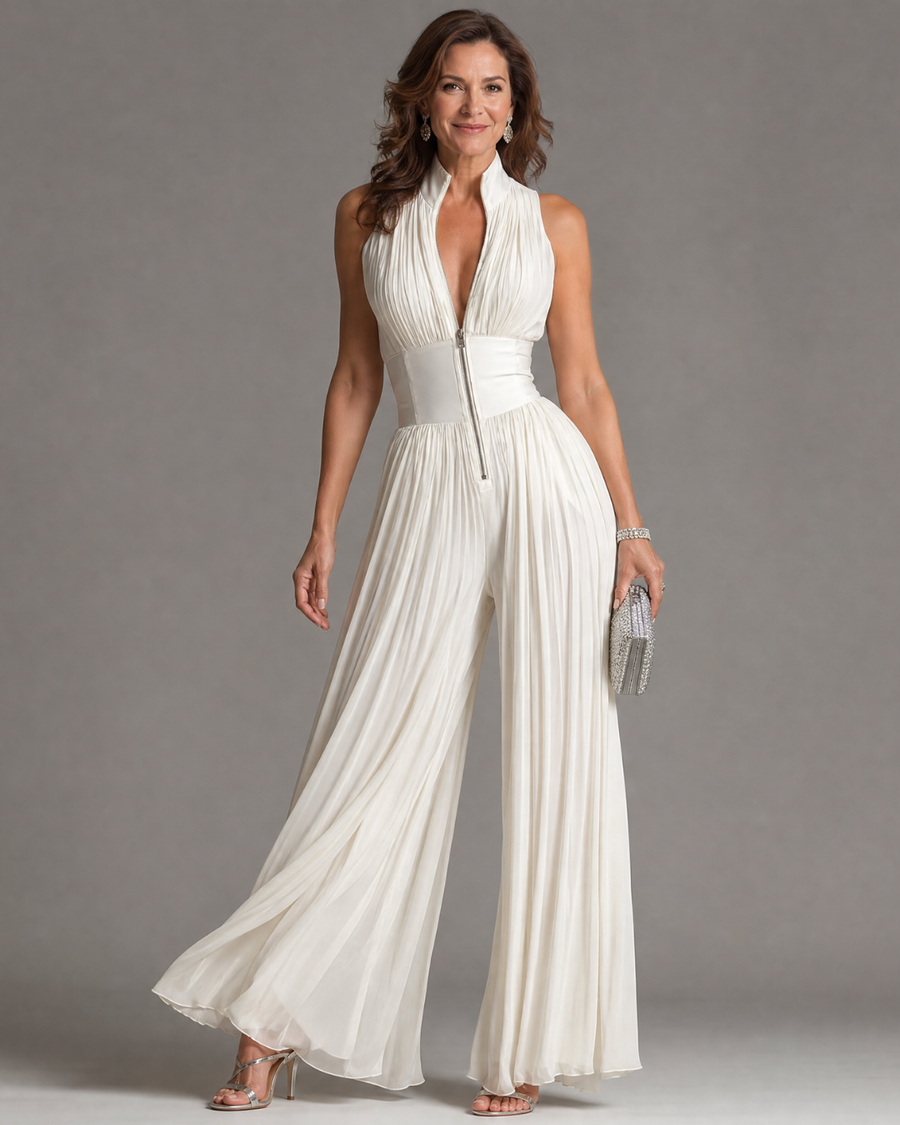 Zaria | Pleated Halter Neck Wide Leg Jumpsuit