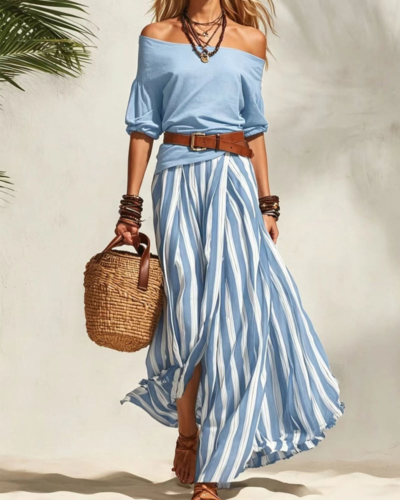 Marea | Striped Maxi Skirt Set with Off-Shoulder Top