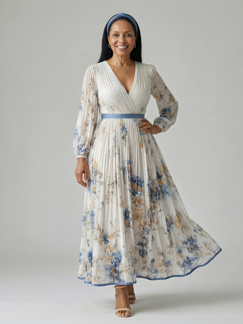 Mirella | Long Sleeve Pleated Wrap Midi Dress