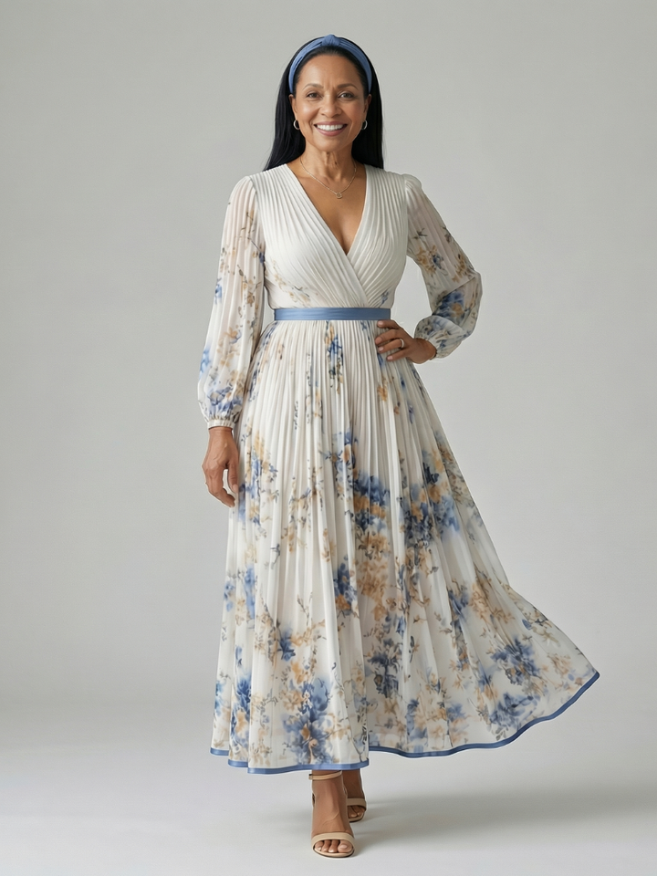 Mirella | Long Sleeve Pleated Wrap Midi Dress