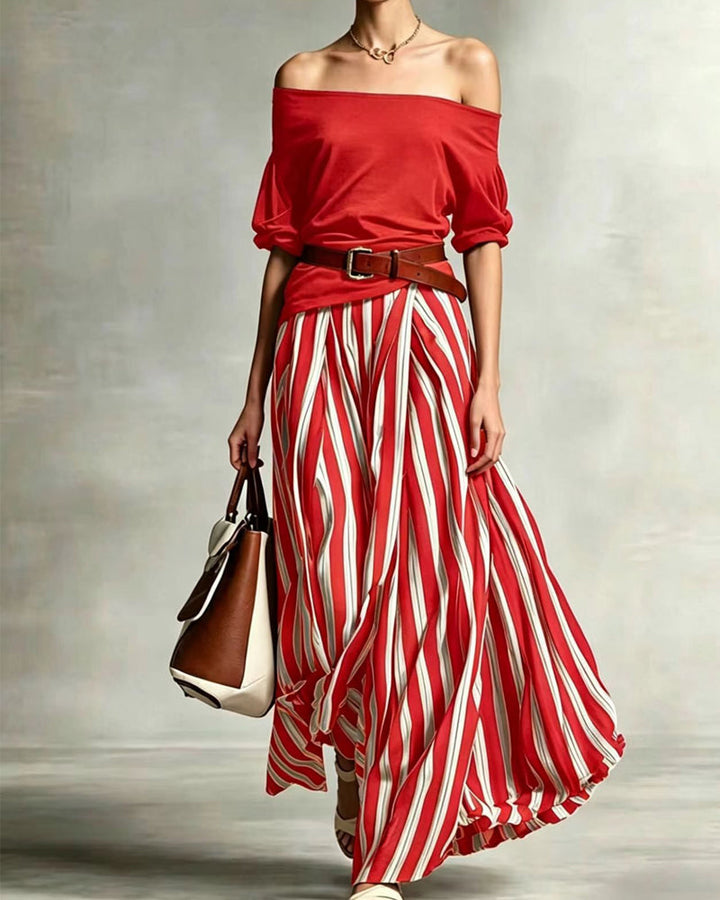 Marea | Striped Maxi Skirt Set with Off-Shoulder Top