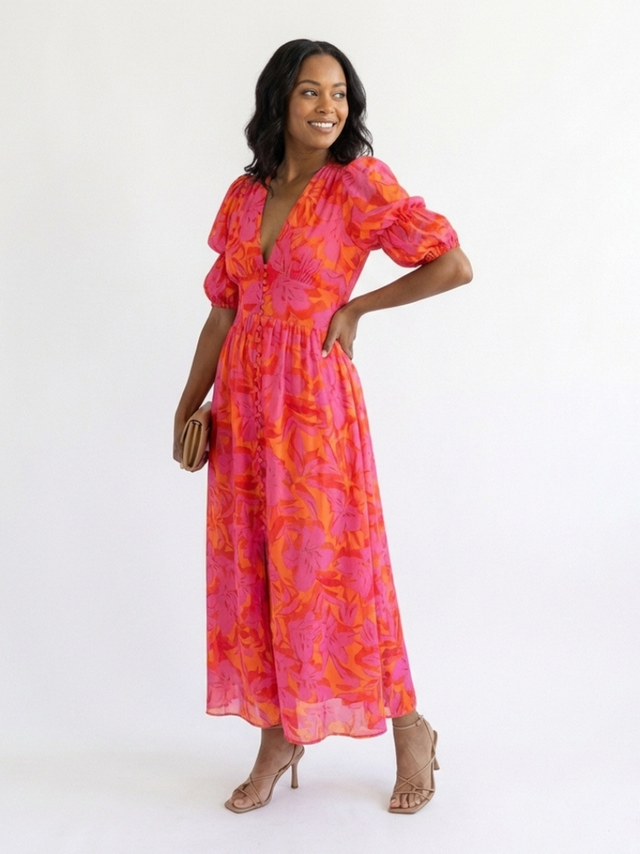 Ornella | Floral Puff Sleeve Midi Dress