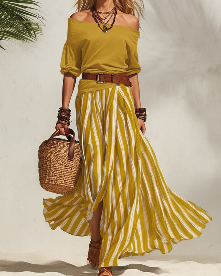 Marea | Striped Maxi Skirt Set with Off-Shoulder Top