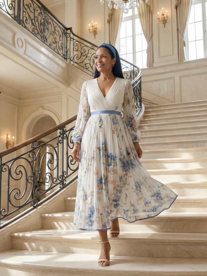 Mirella | Long Sleeve Pleated Wrap Midi Dress