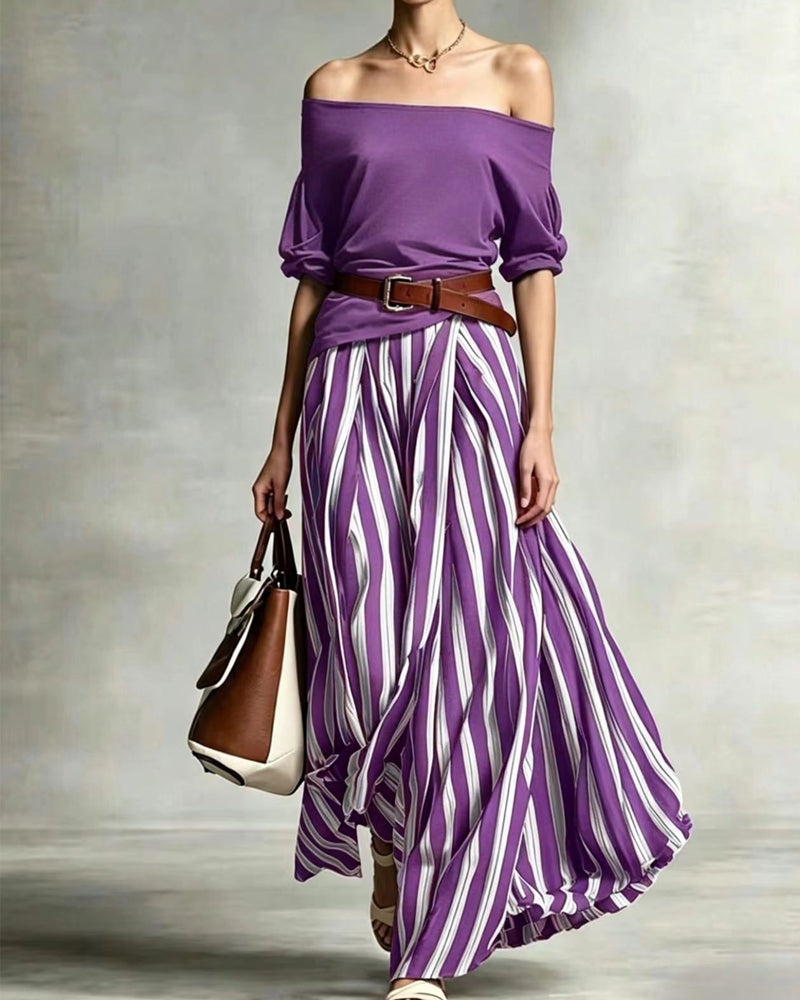 Marea | Striped Maxi Skirt Set with Off-Shoulder Top