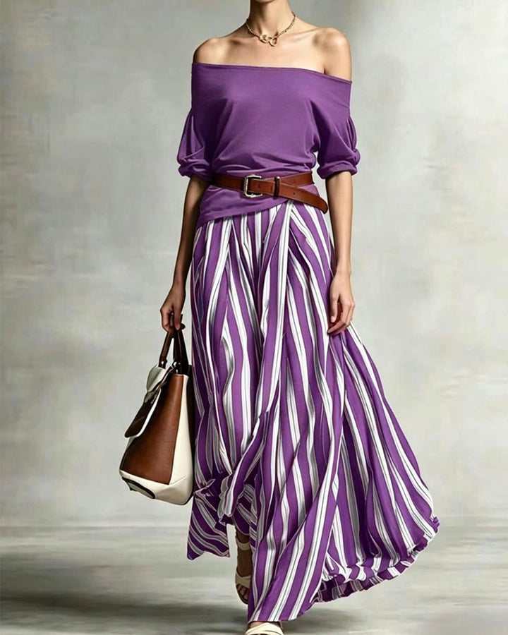Marea | Striped Maxi Skirt Set with Off-Shoulder Top