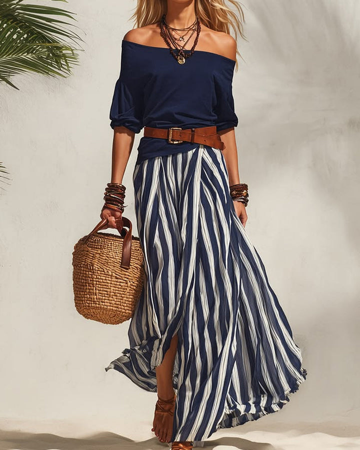 Marea | Striped Maxi Skirt Set with Off-Shoulder Top