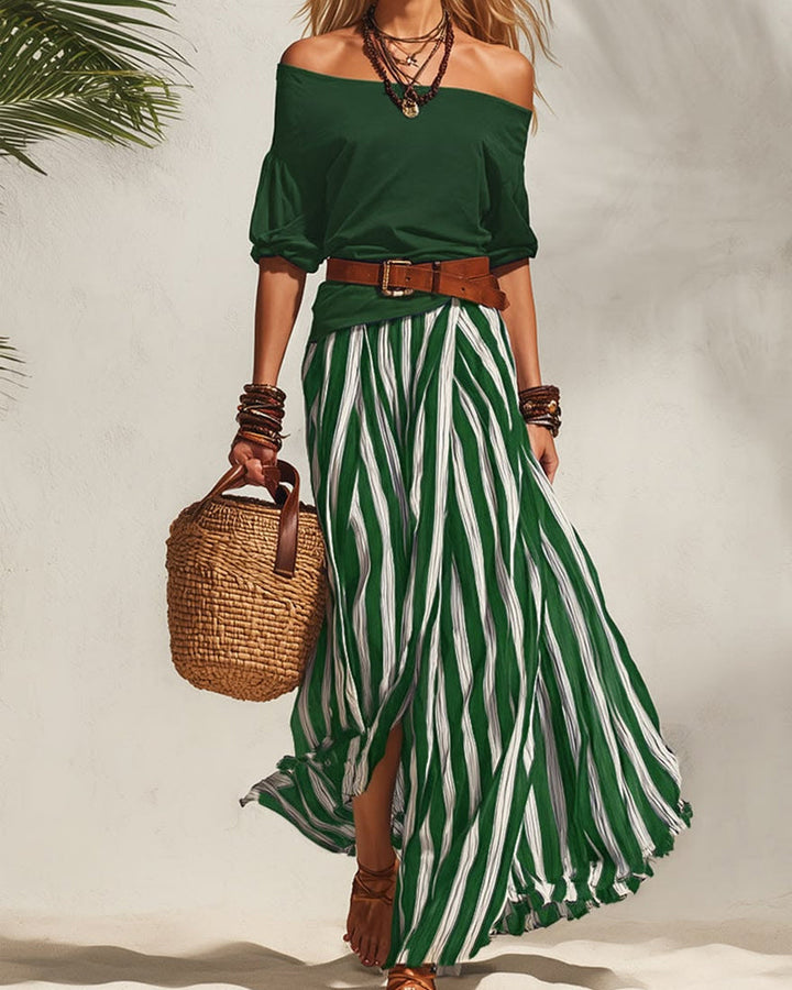 Marea | Striped Maxi Skirt Set with Off-Shoulder Top
