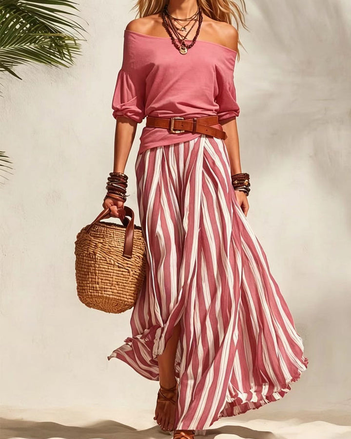 Marea | Striped Maxi Skirt Set with Off-Shoulder Top