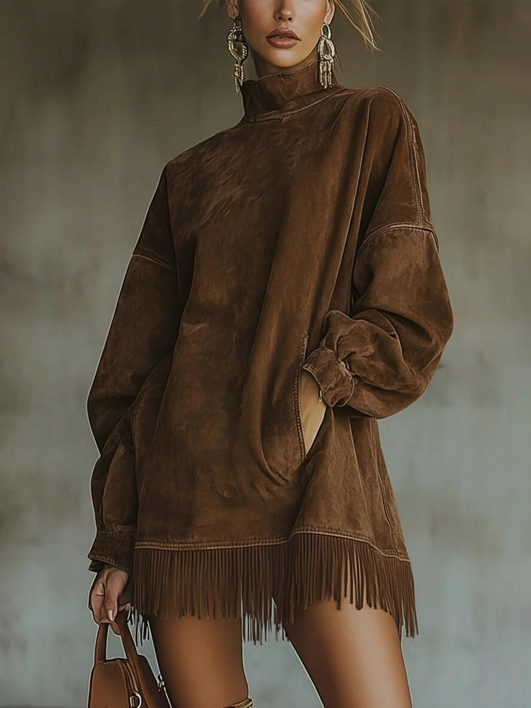 Marisole | Suede Turtleneck Fringe Dress