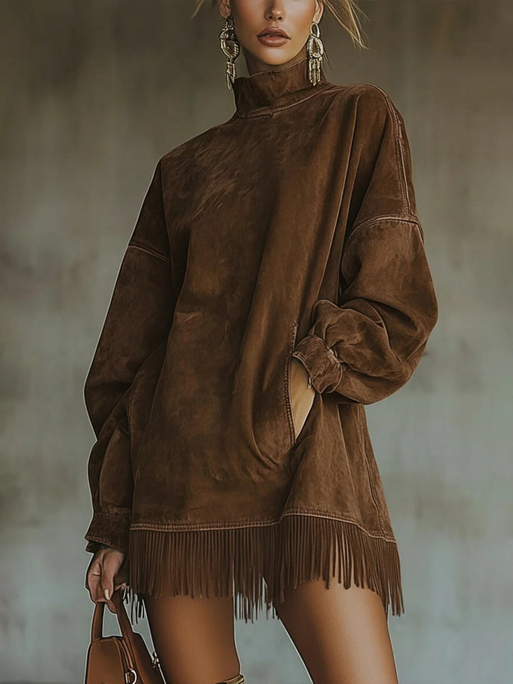 Marisole | Suede Turtleneck Fringe Dress