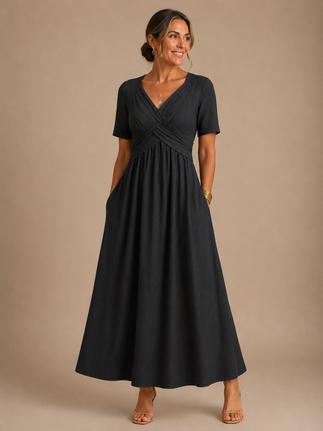 Antonella | V-Neck Gathered Waist Midi Dress