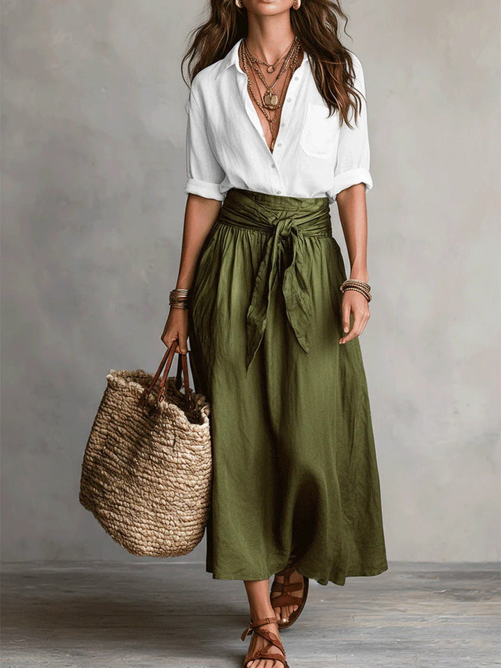 Alloro | Two-Piece Set with Black Top and Olive Midi Skirt