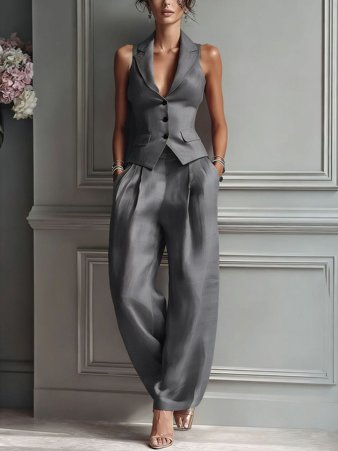 Cipria | Two-Piece Set with V-Neck and Buttons