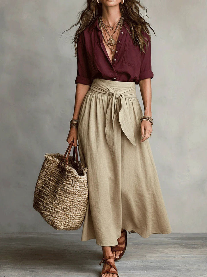 Alloro | Two-Piece Set with Black Top and Olive Midi Skirt