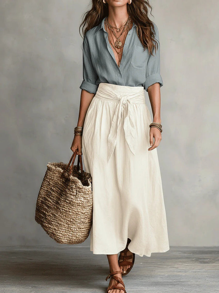 Alloro | Two-Piece Set with Black Top and Olive Midi Skirt