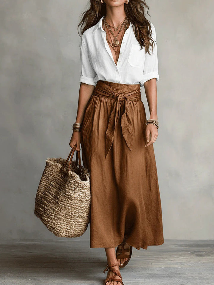 Alloro | Two-Piece Set with Black Top and Olive Midi Skirt