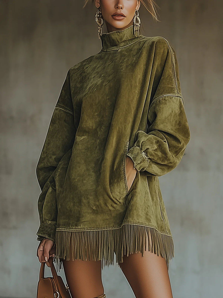 Marisole | Suede Turtleneck Fringe Dress