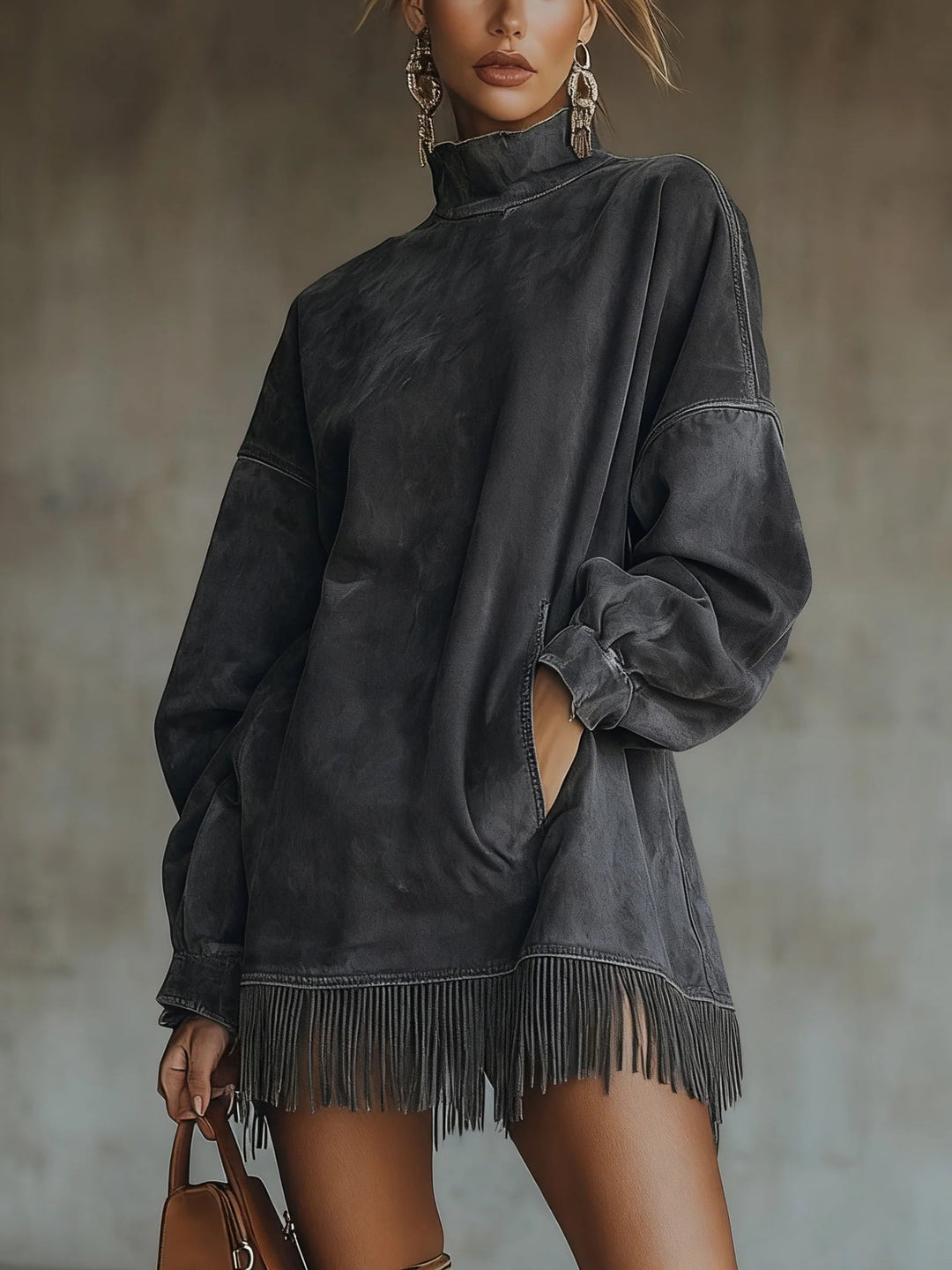 Marisole | Suede Turtleneck Fringe Dress