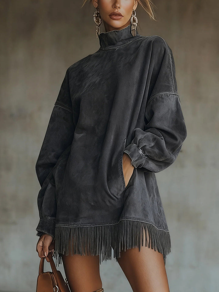 Marisole | Suede Turtleneck Fringe Dress