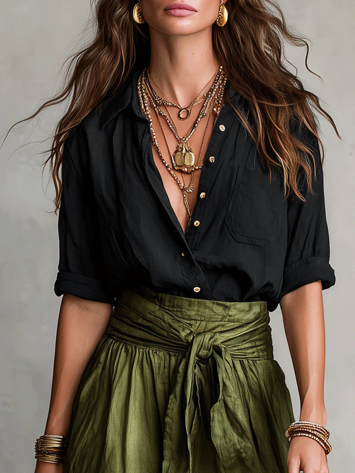 Alloro | Two-Piece Set with Black Top and Olive Midi Skirt