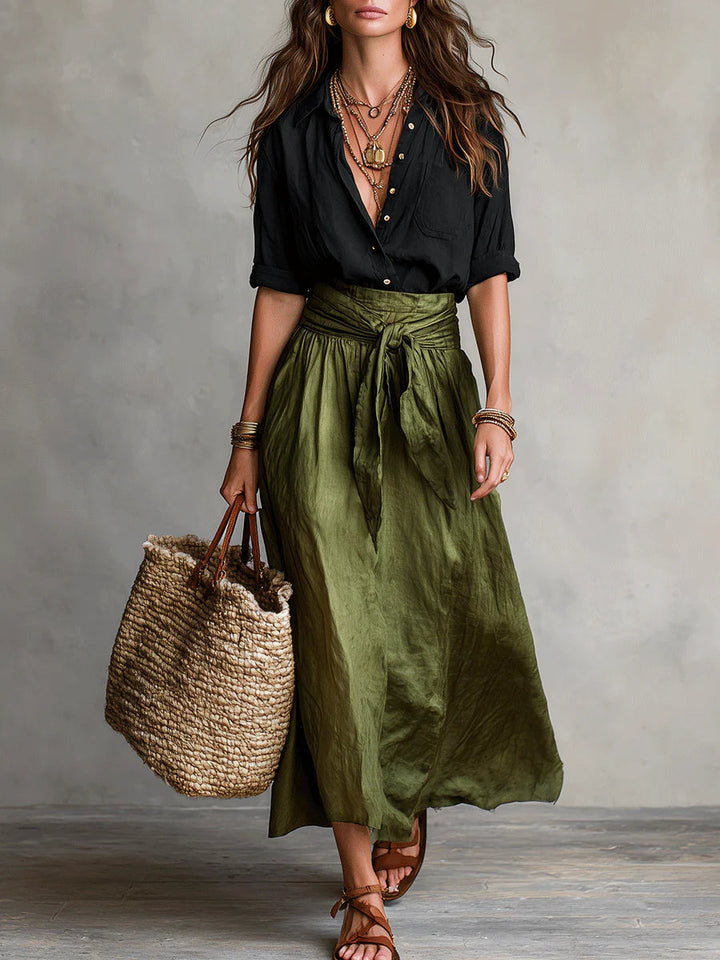 Alloro | Two-Piece Set with Black Top and Olive Midi Skirt
