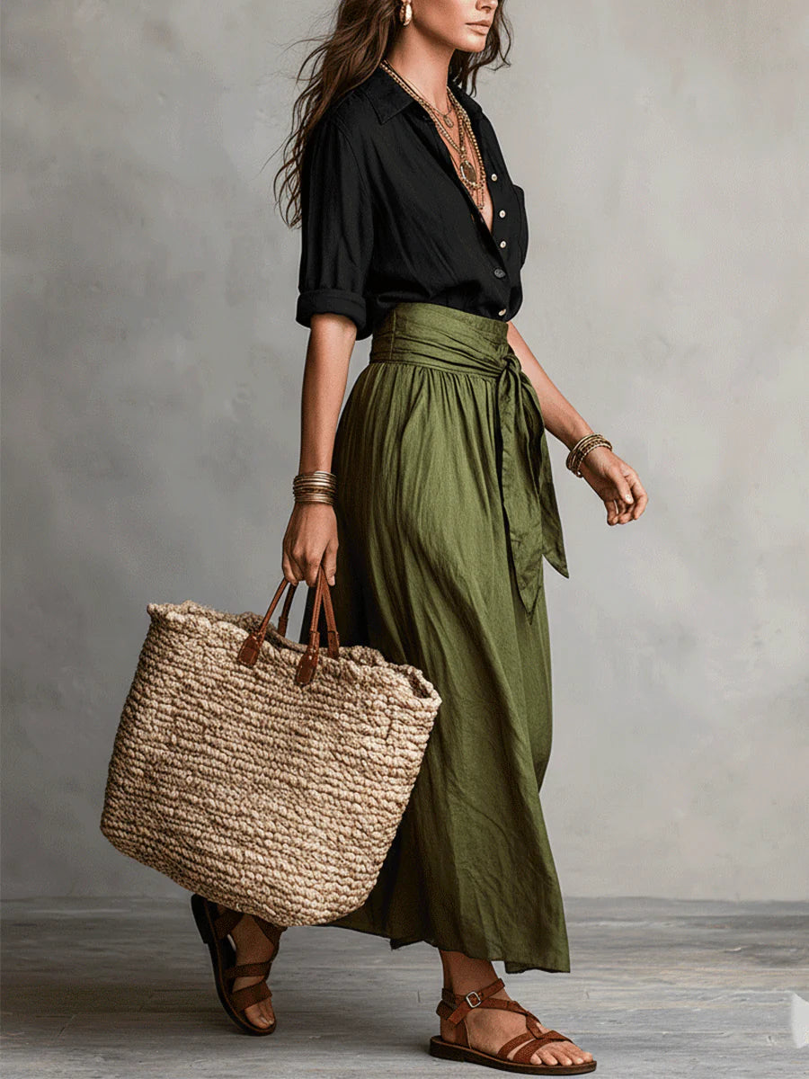 Alloro | Two-Piece Set with Black Top and Olive Midi Skirt