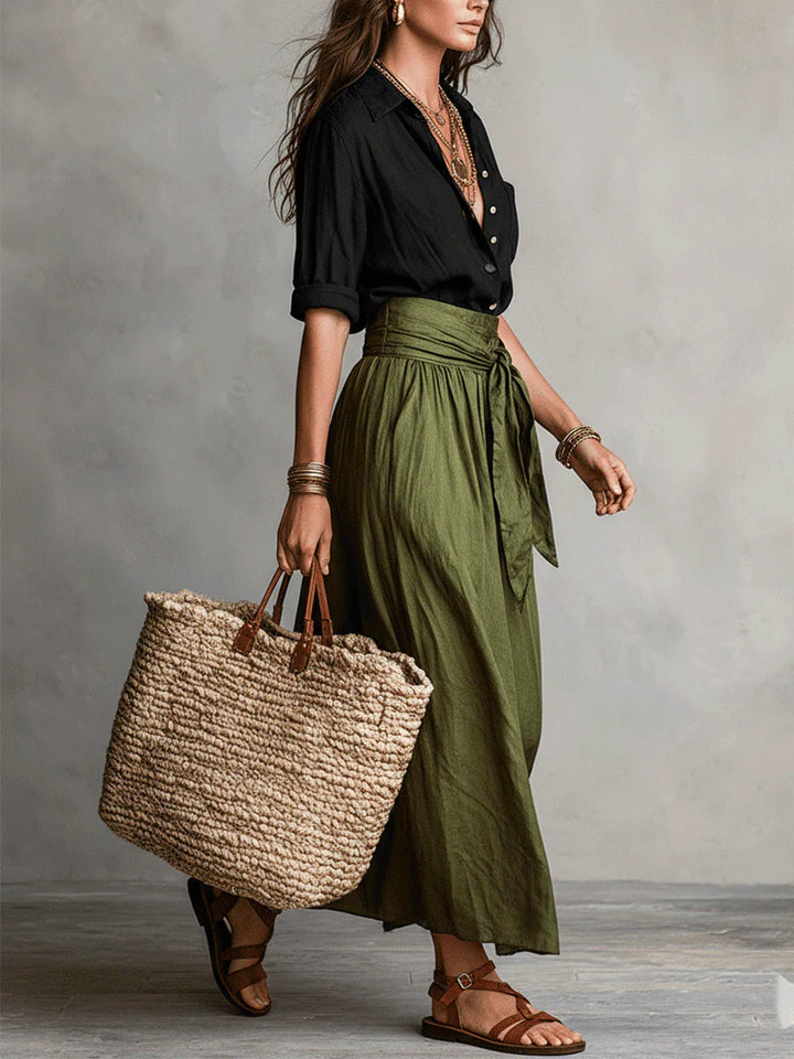 Alloro | Two-Piece Set with Black Top and Olive Midi Skirt