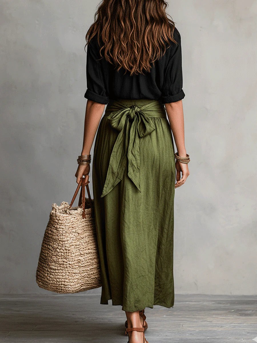 Alloro | Two-Piece Set with Black Top and Olive Midi Skirt