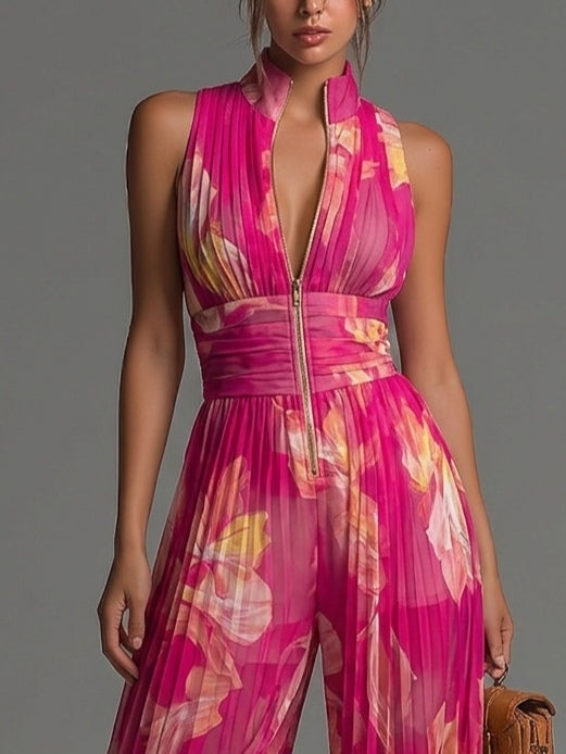 Serafina Jumpsuit | Fuchsia Floral Pleated Chiffon
