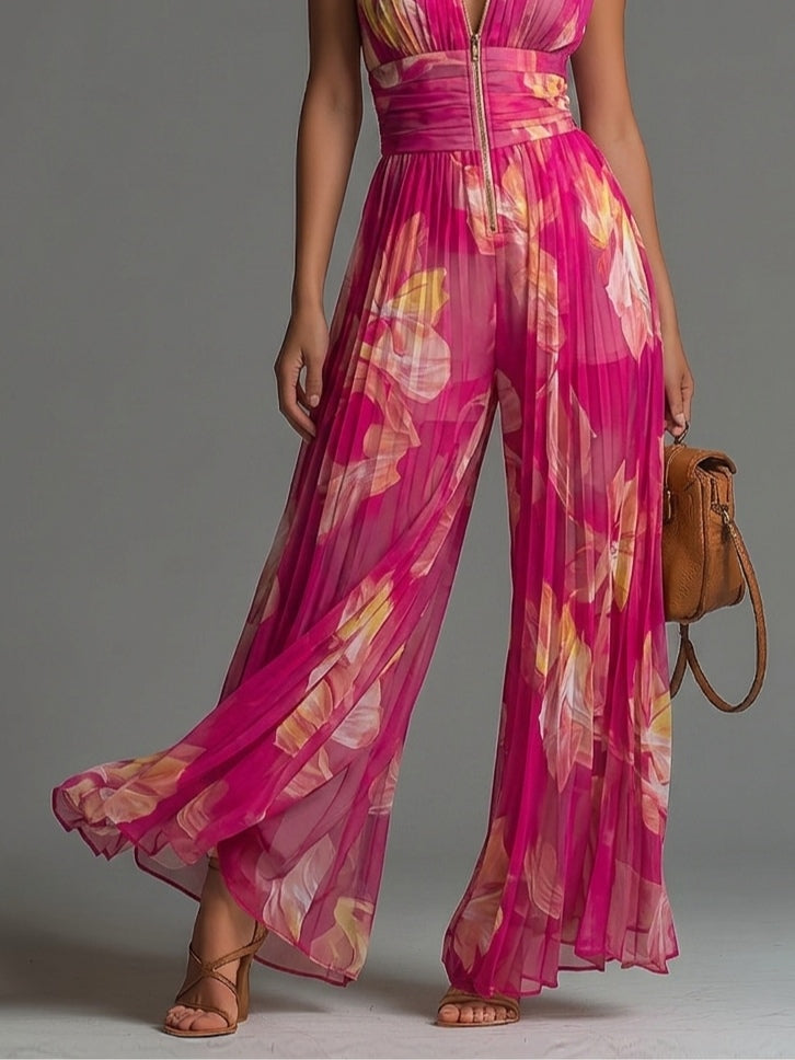 Serafina Jumpsuit | Fuchsia Floral Pleated Chiffon