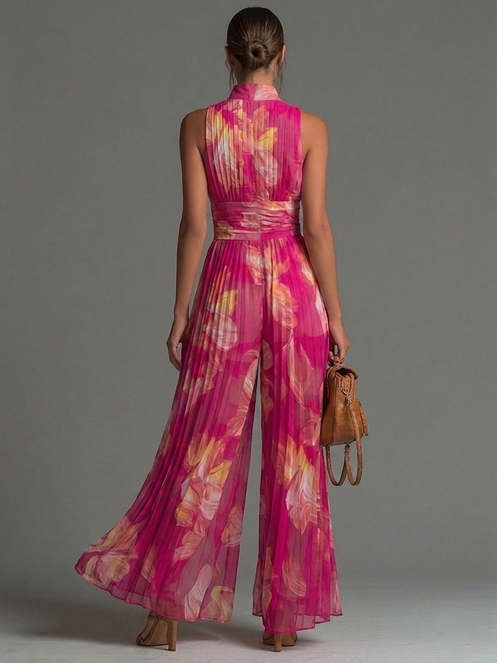 Serafina Jumpsuit | Fuchsia Floral Pleated Chiffon