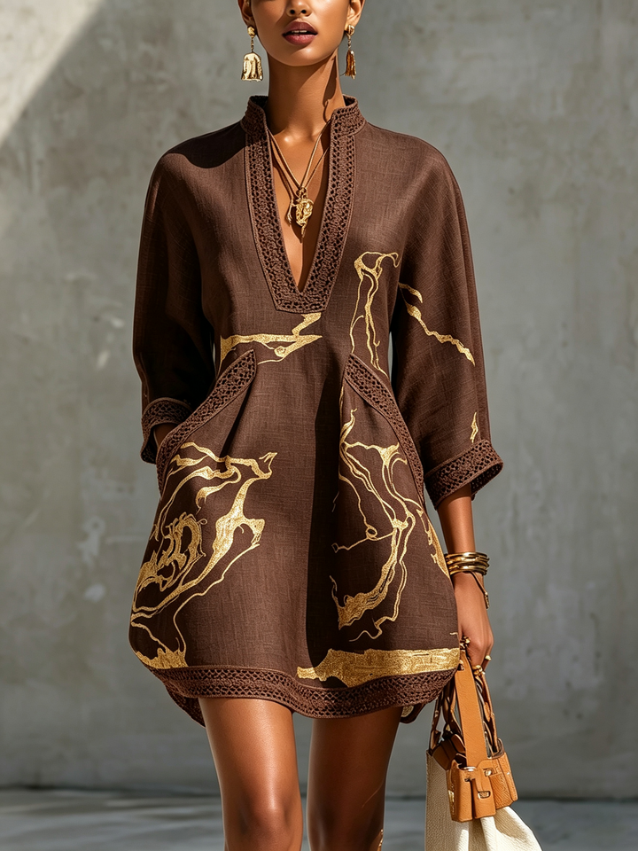 Aurelia | Gold-Print Crochet Lace Mini Dress