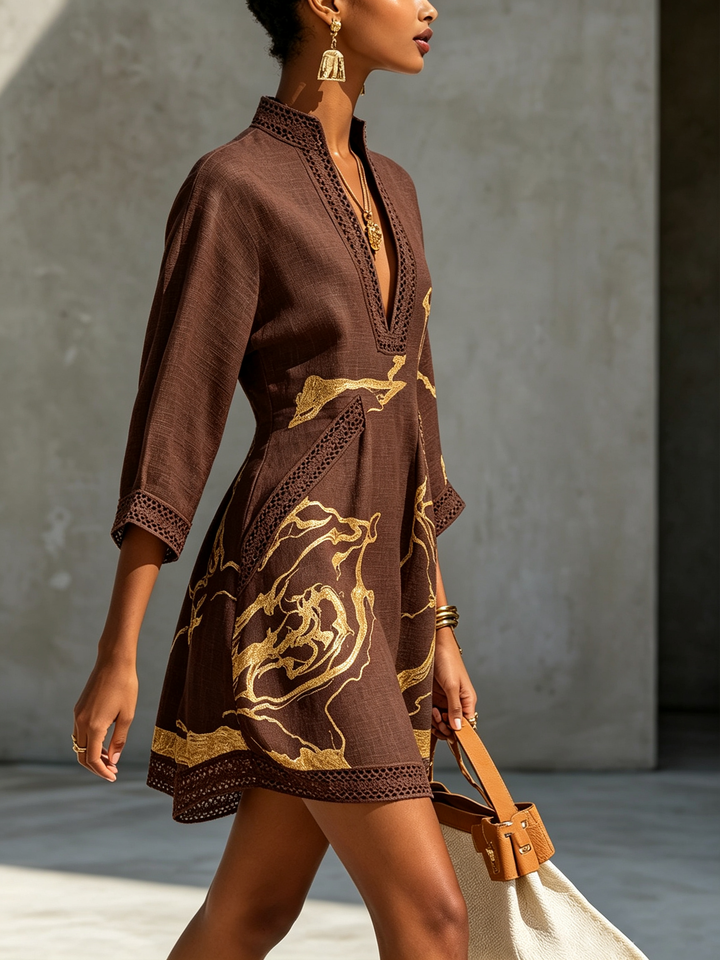 Aurelia | Gold-Print Crochet Lace Mini Dress