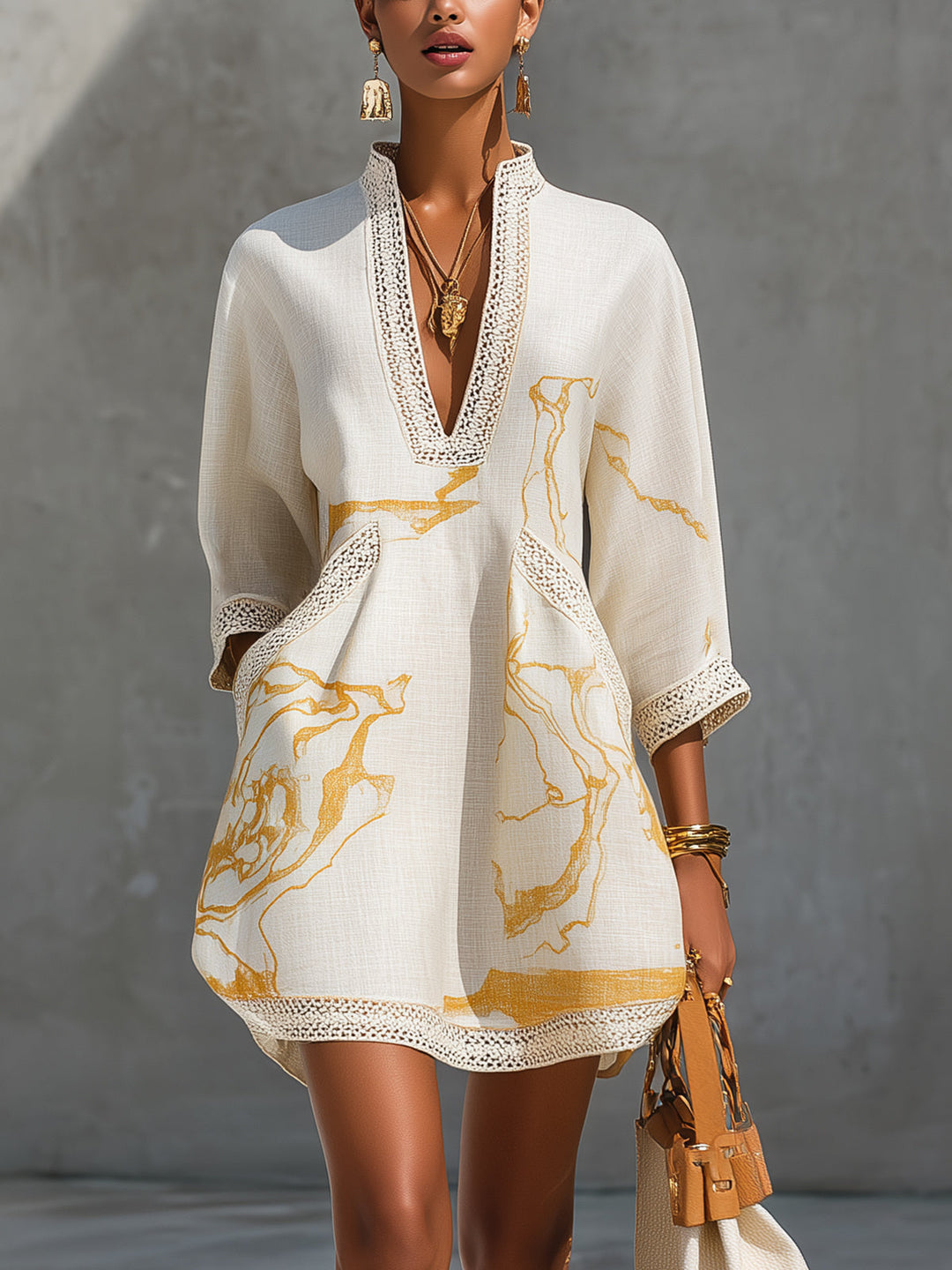Aurelia | Gold-Print Crochet Lace Mini Dress