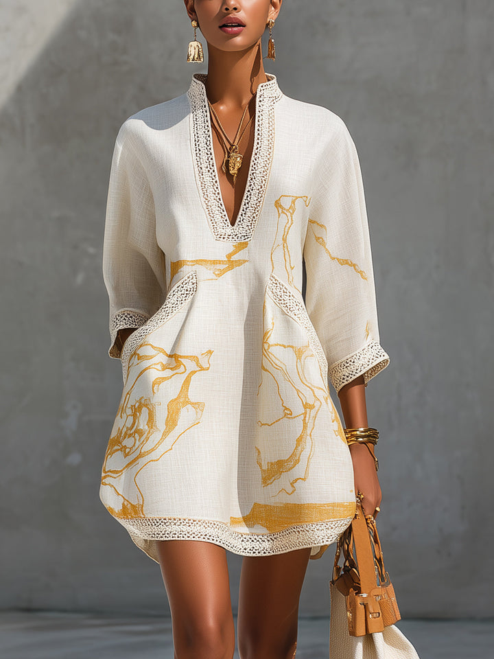Aurelia | Gold-Print Crochet Lace Mini Dress