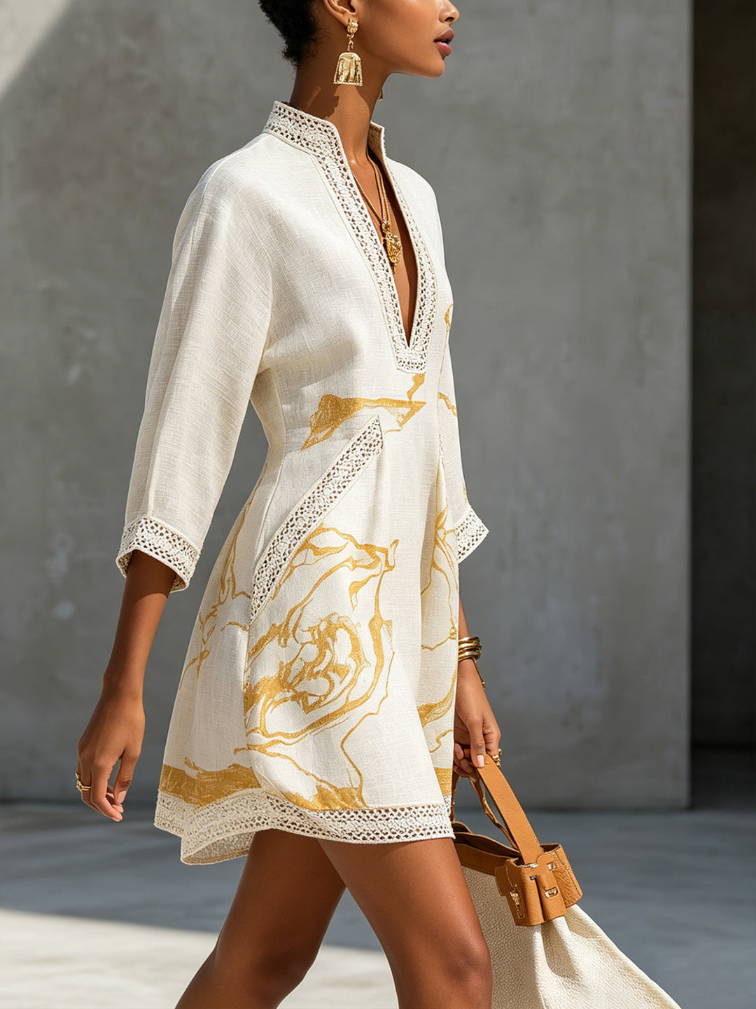 Aurelia | Gold-Print Crochet Lace Mini Dress