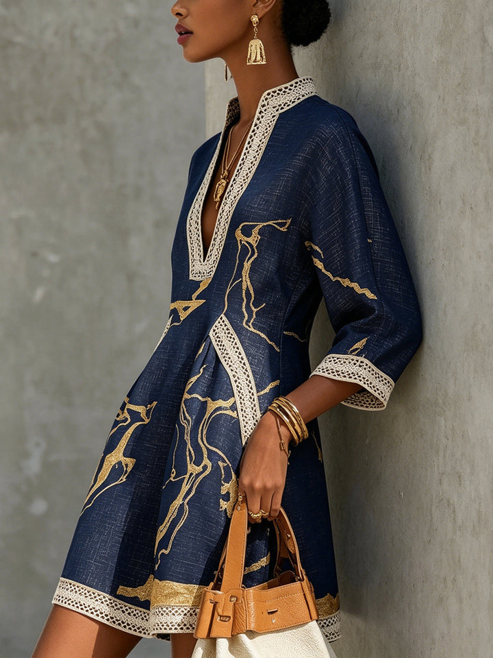 Aurelia | Gold-Print Crochet Lace Mini Dress