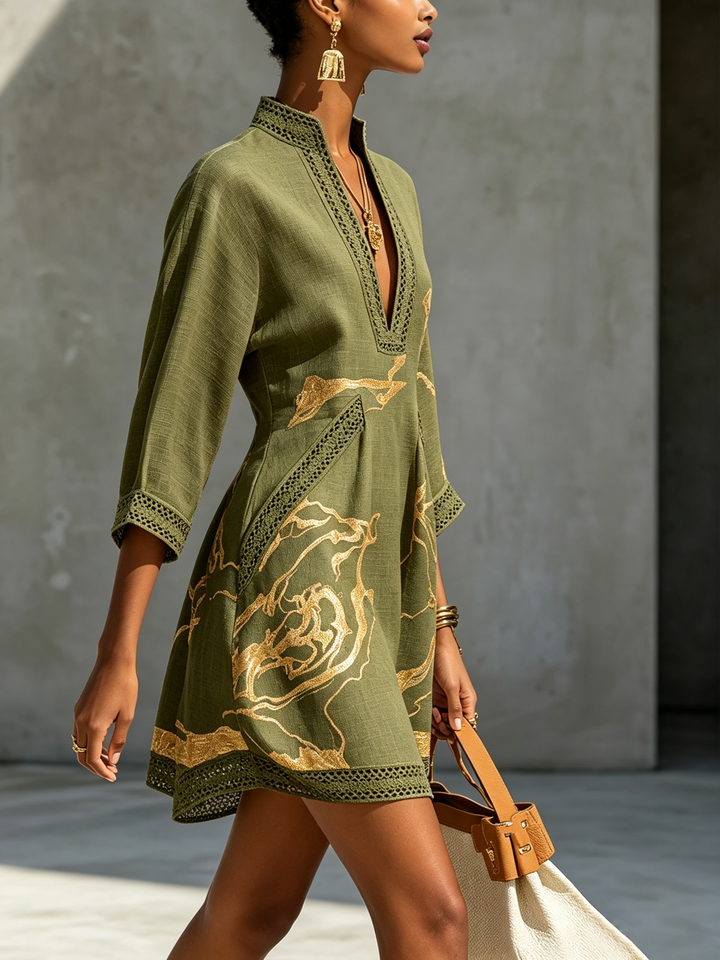 Aurelia | Gold-Print Crochet Lace Mini Dress