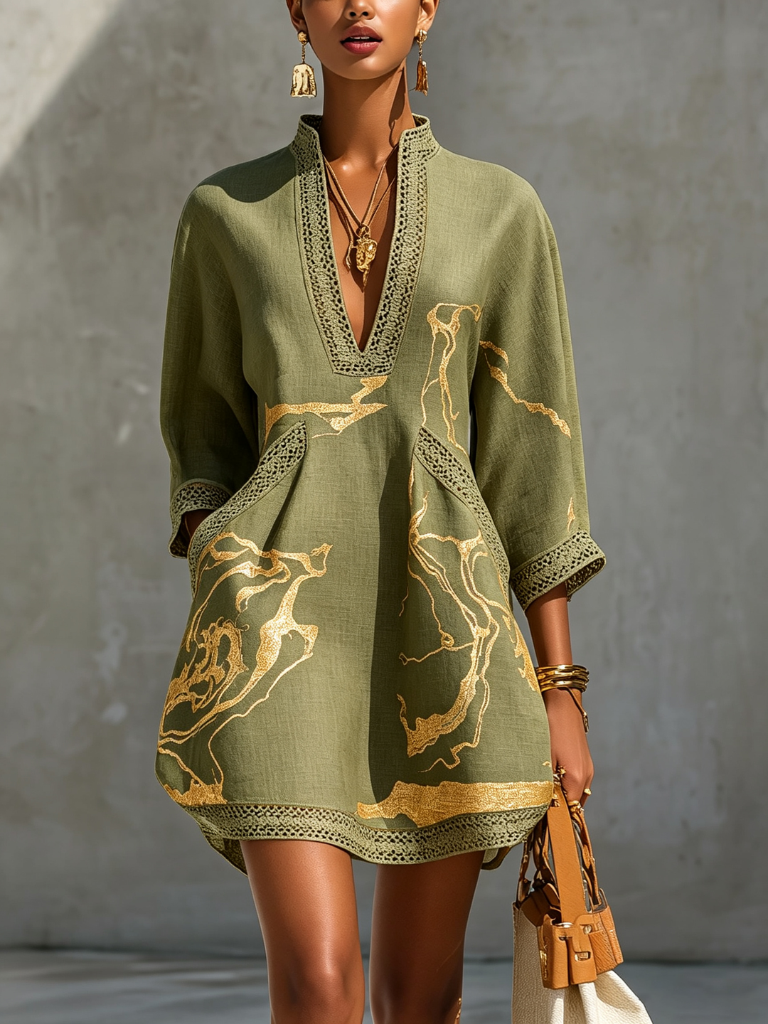 Aurelia | Gold-Print Crochet Lace Mini Dress
