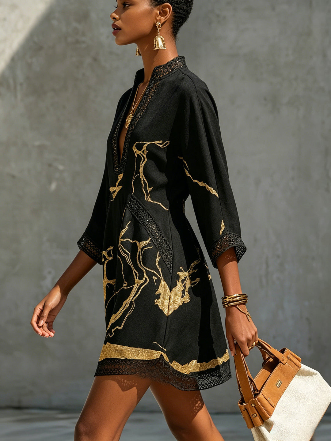 Aurelia | Gold-Print Crochet Lace Mini Dress