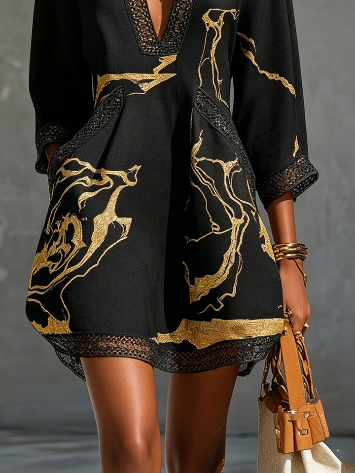Aurelia | Gold-Print Crochet Lace Mini Dress