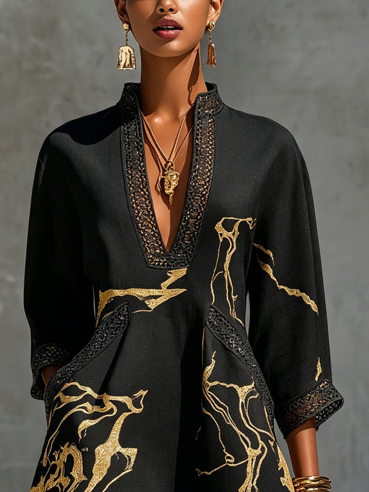 Aurelia | Gold-Print Crochet Lace Mini Dress