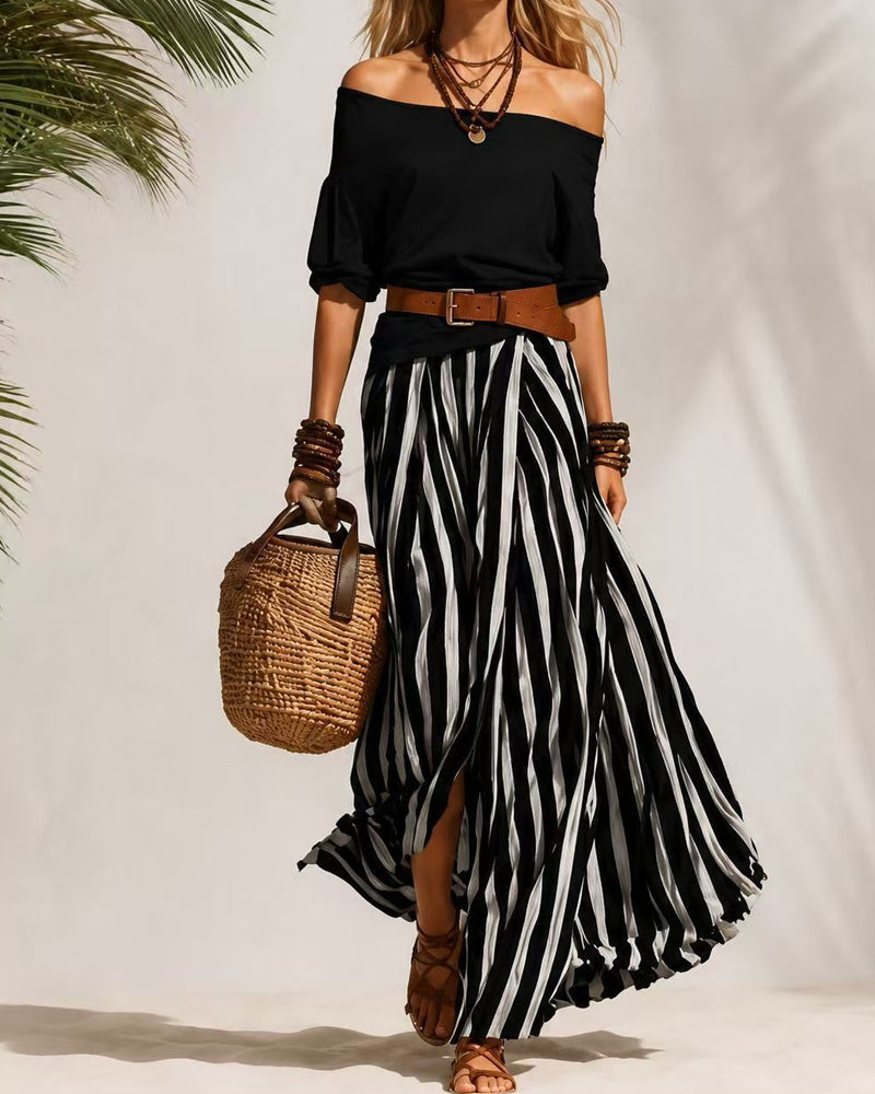 Marea | Striped Maxi Skirt Set with Off-Shoulder Top