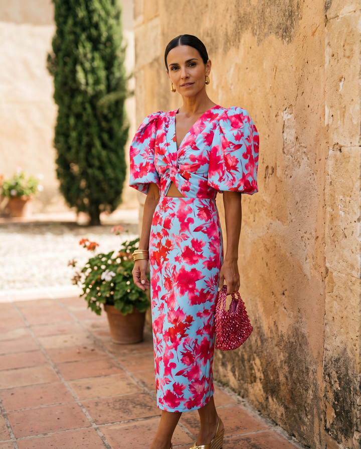 Allegra | Floral Midi Dress with Puff Sleeves