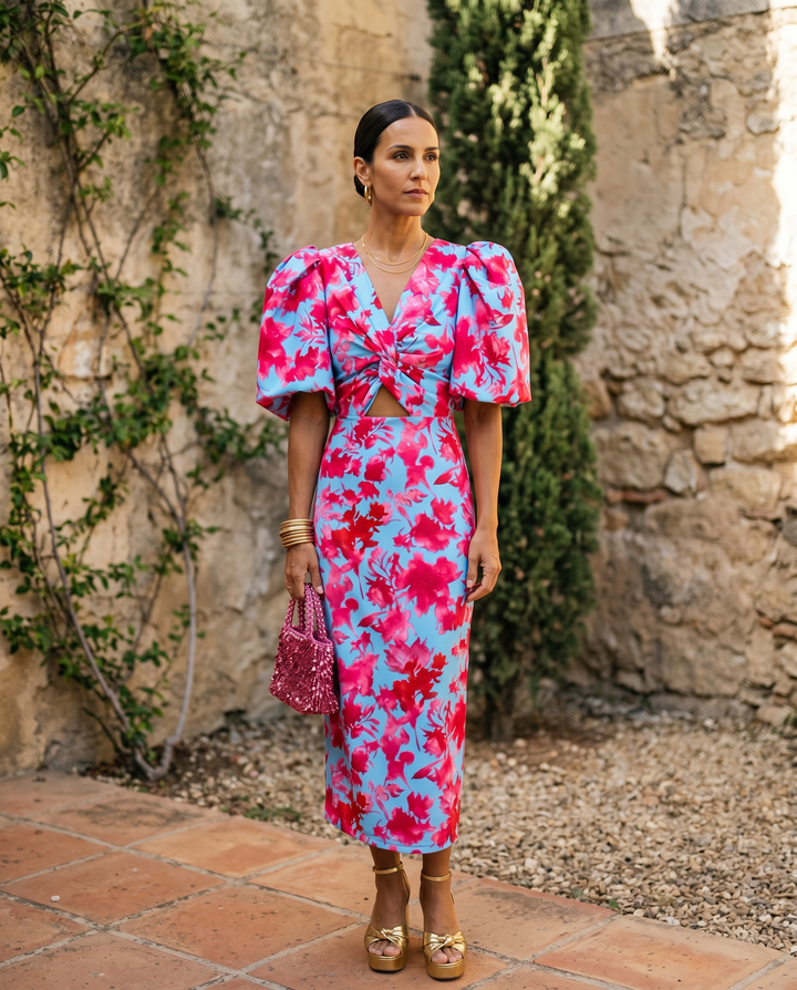 Allegra | Floral Midi Dress with Puff Sleeves